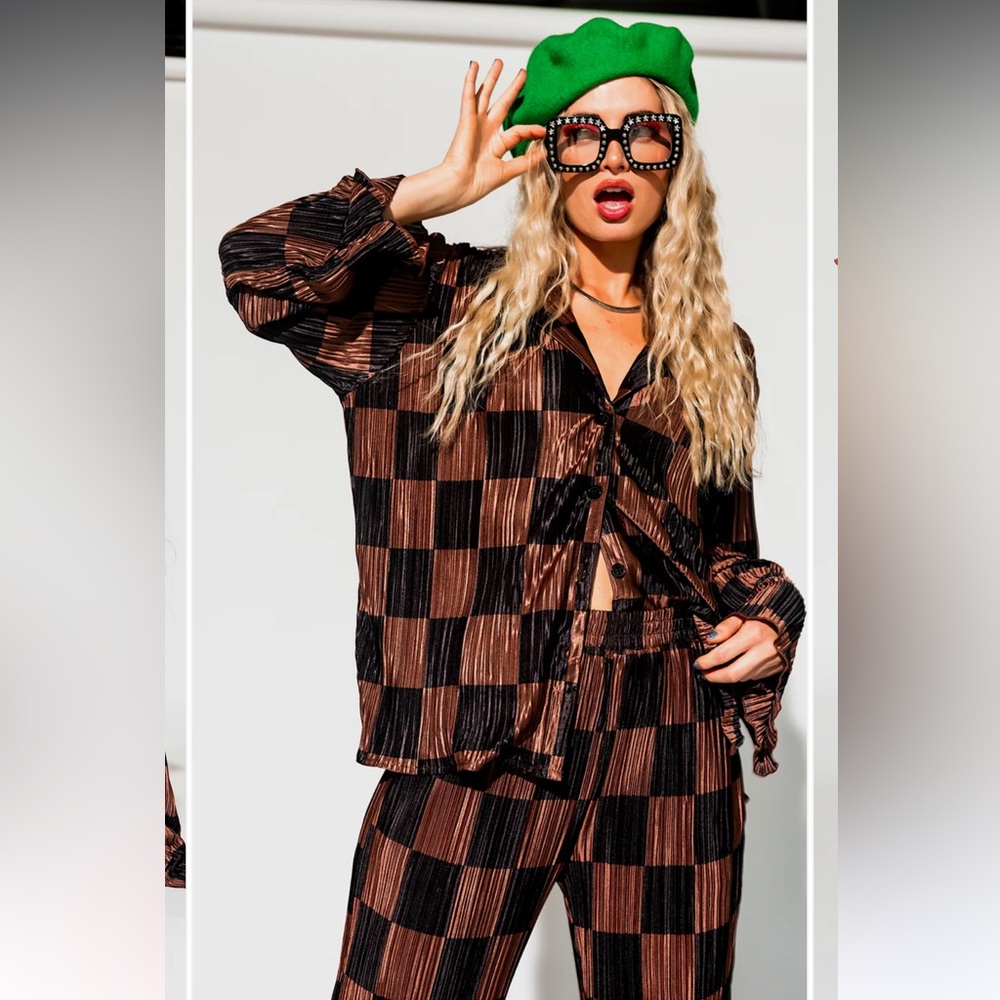 Dressed in Lala Long Sleeve Plissé Set in Mocha + Black Checkerboard L